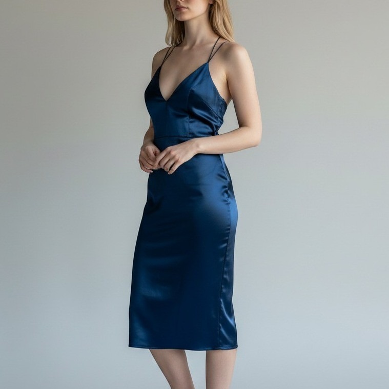 Fashion Nova Koko Satin Dress Women 1x Navy Blue Bodycon Midi Sexy Date Night